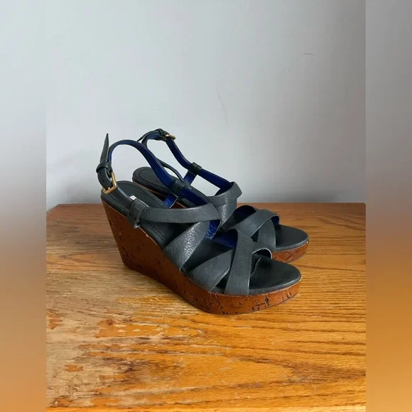 Miu Miu Navy Leather Cork Wedges Womens Size EU 39.5 - Picture 2 of 6